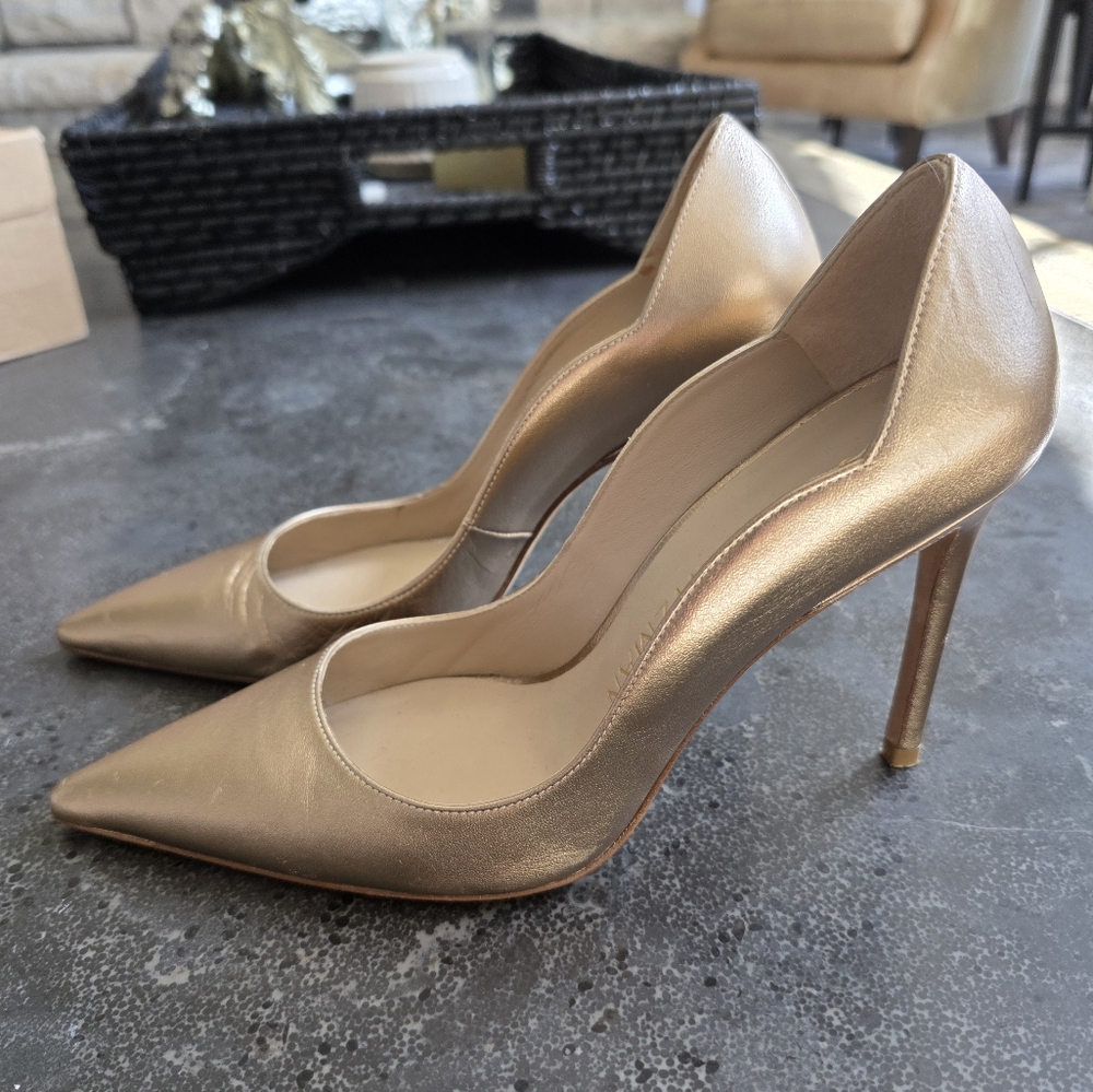 Stuart Weitzman Stuart 85 Scallop Pump Stiletto Light Gold Leather Formal Sz 7.5